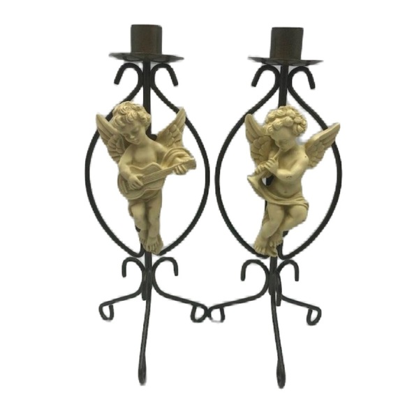 Vintage Metal Angel Set of 2 Taper Candle Holders Spiritual Holiday Décor Altar - Picture 1 of 12